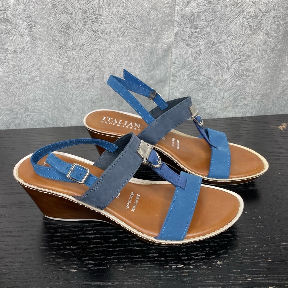Italian Shoemakers Blue Leather Wedge Sandals – Size 9M Made in Italy